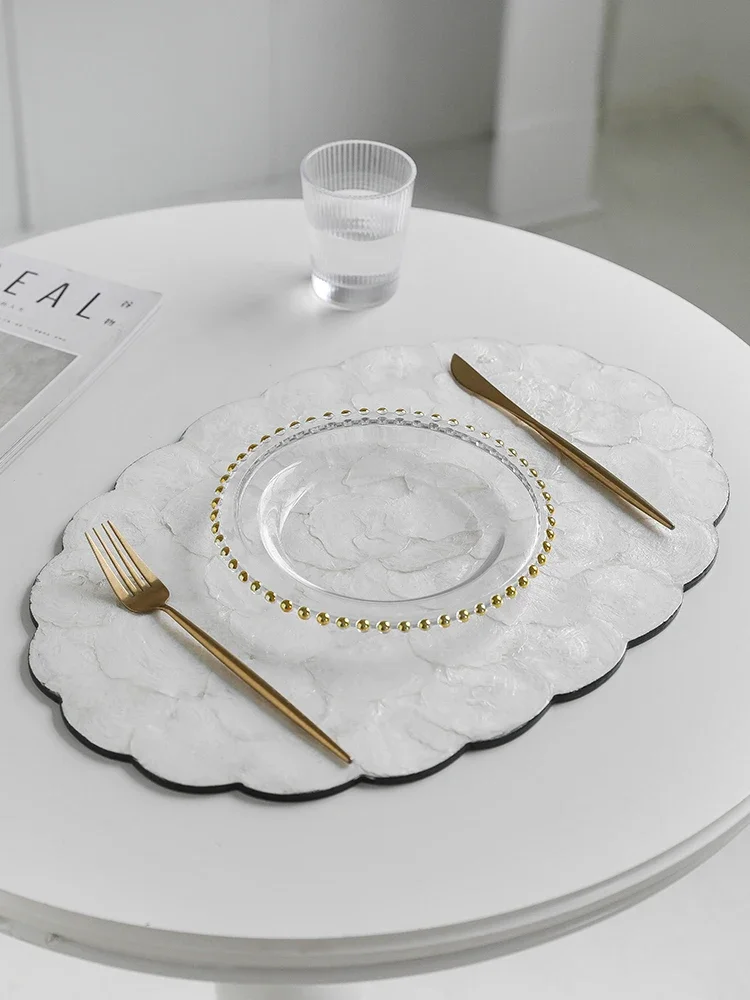 AhunderJiaz Light Luxury Natural Shell Tray Dining Table Insulating Mat Desktop Organizer Flower Trimmed Decorative Placemats 5