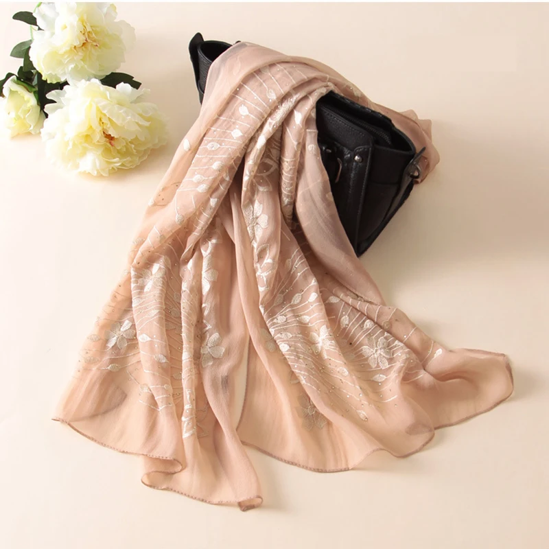 

175*45CM 100% Mulberry Silk Embroidery Muslim Hijab Scarf Crinkle Sensation Long Size Women Luxury Shawl And Wraps Spring Autumn