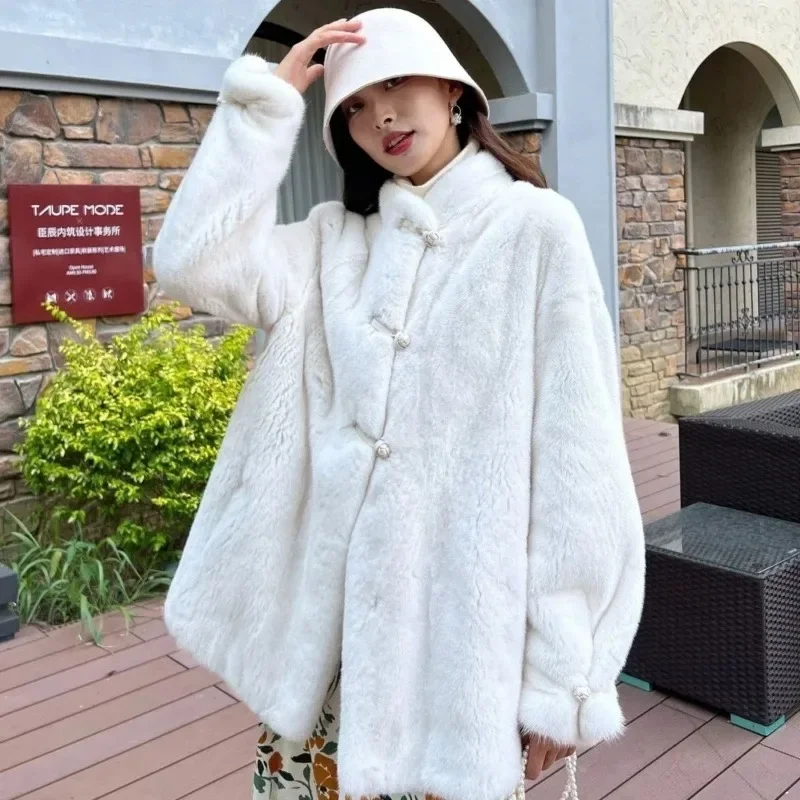 Women Artificial Mink Hair Fur Coat Mid-Length Female Fashion Loose Stand Collar Outcoat Winter New Thicken Warm Casual Outwear