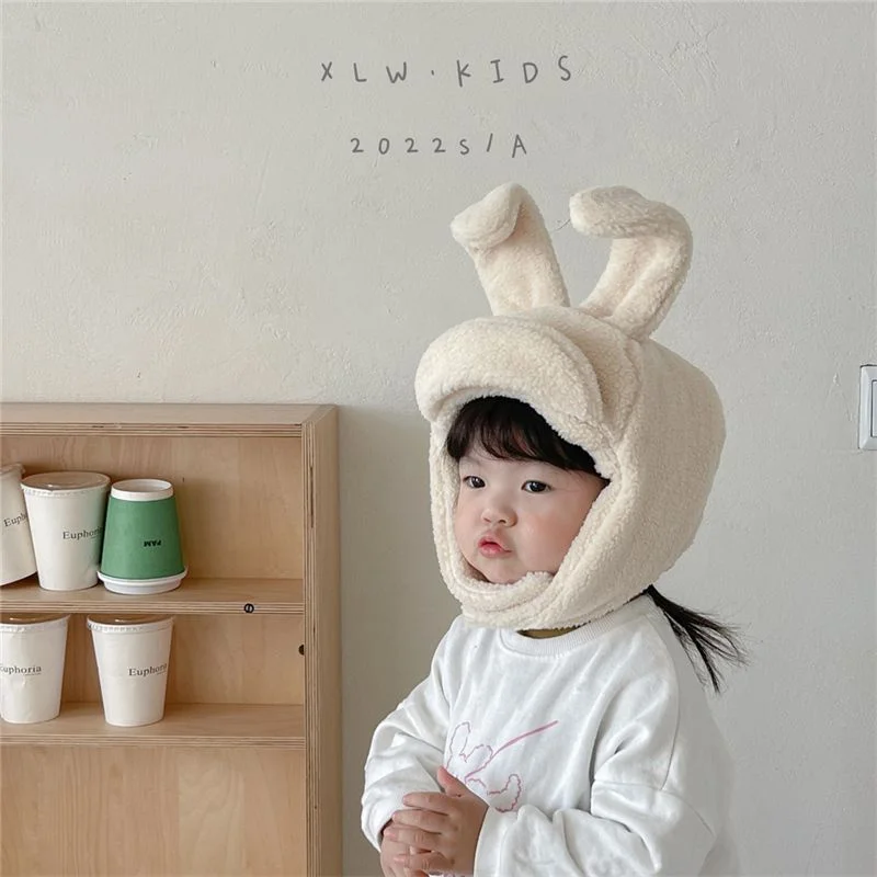 Winter kawaii Bunny Ears Baby Hat Warm Plush Baby Boy Girl Cap Ear Protection Hats Solid Color Earflap Kids Cap For Children Hat children s bath ear protection shower cap baby adjustable shampoo artifact eva shampoo cap