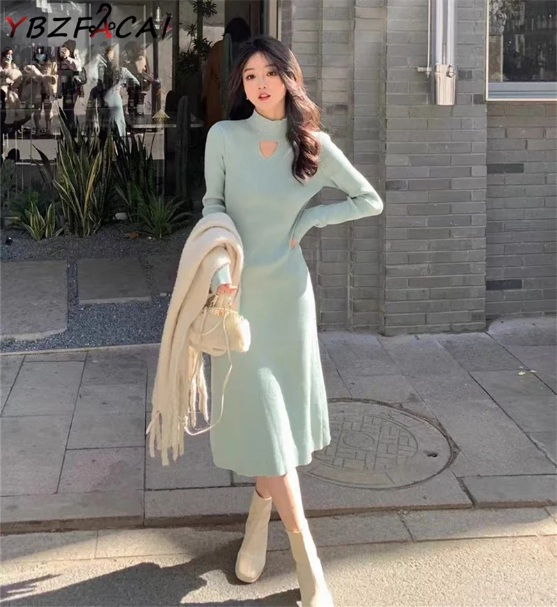 

French Gentle Long Sleeve Knit Dress 2022 Women Fall Winter Black Slim Midi Knit Dress Elegant Blue Bottoming One Piece Dress