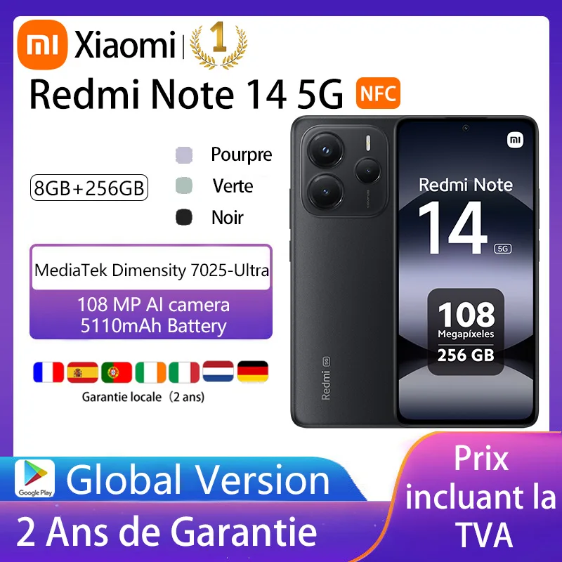 XIAOMI Redmi Note 14 5G, 120 Hz, schermo AMOLED da 6,67 Pollici, 8+256 GB, Smartphone con processore Dimensity 7025 Ultra e tripla fotocamera AI 108MP, Batteria da 5110 mAh, senza Caricatore, ma con
