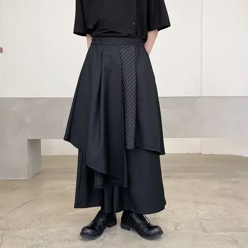 ARENS Japan Sstreetwear 패션 남성용 블랙 바지, 새로운 스트라이프 대비 컬러 패치 워크 불규칙한 느슨한 발목 길이 바지 2023 2