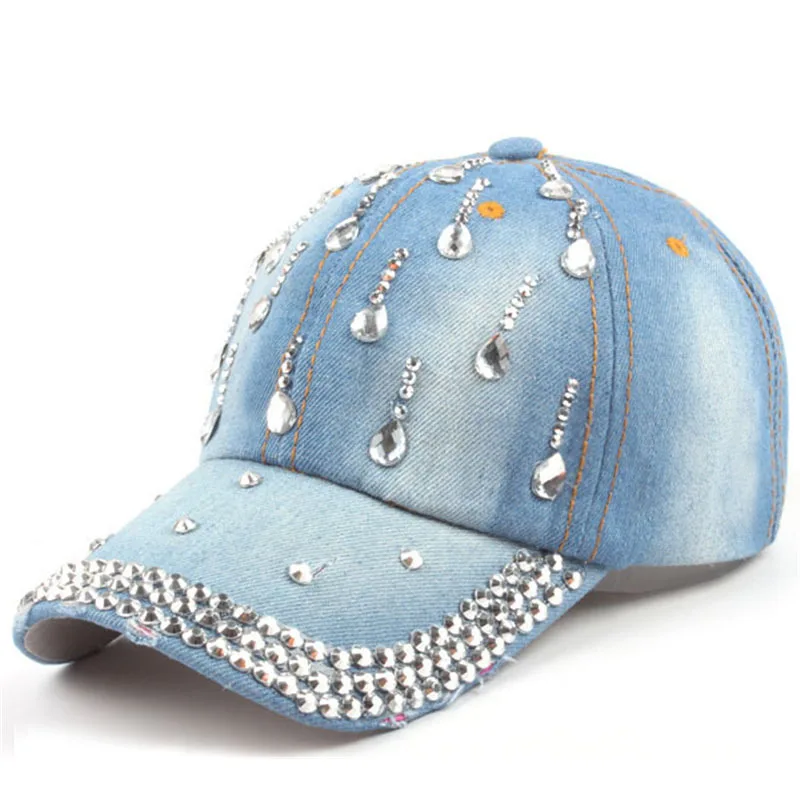 

Fashion Leisure Woman Cap New Denim Hip Hop Caps with Water Drop Rhinestones Vintage Jean Cotton Baseball Caps for Men Hot Sale