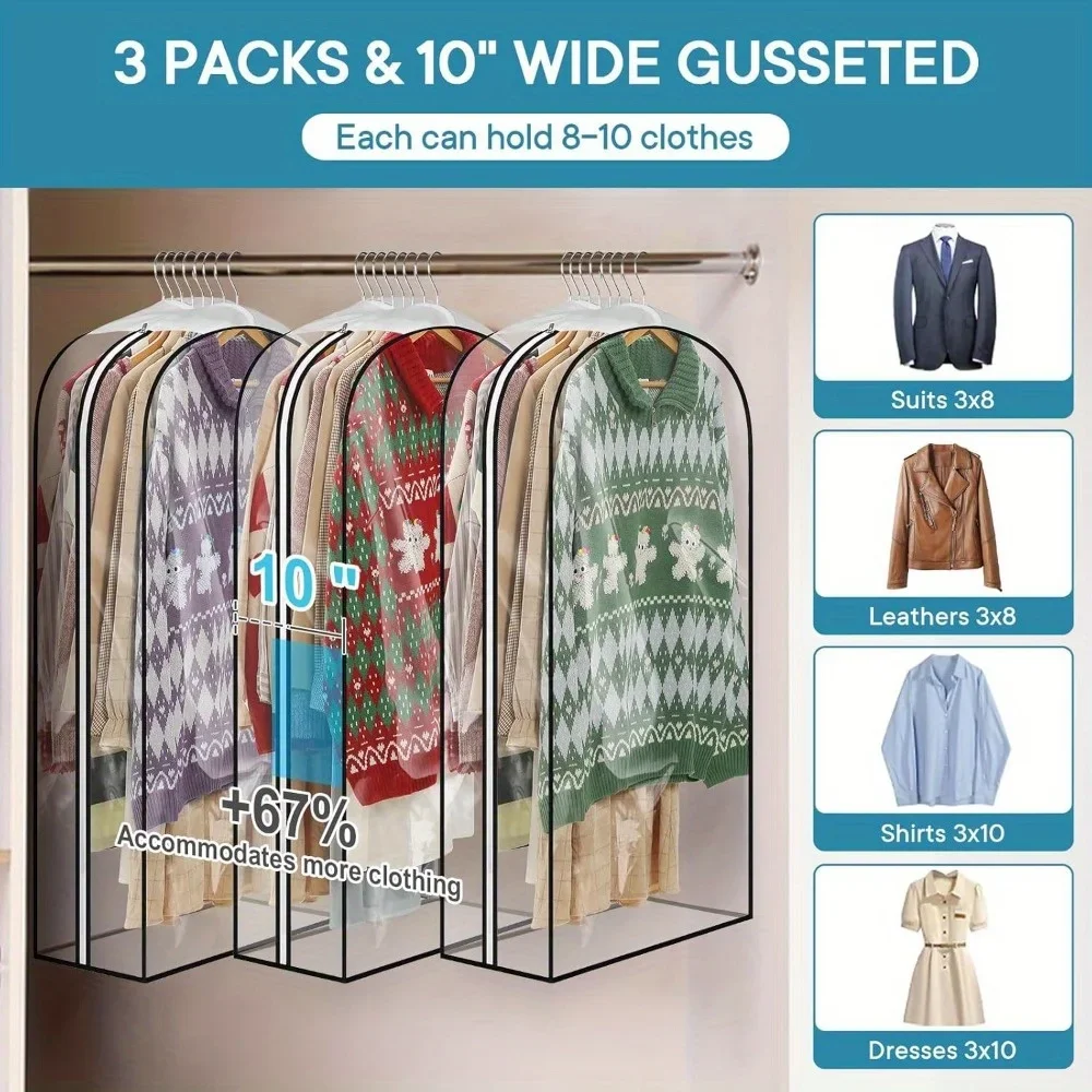 3 PCS 10-Inch Gusseted Garment Bags Clear Waterproof Suit Covers for Storage Hanging Zipper Clothing Protection Hanging Organize 3
