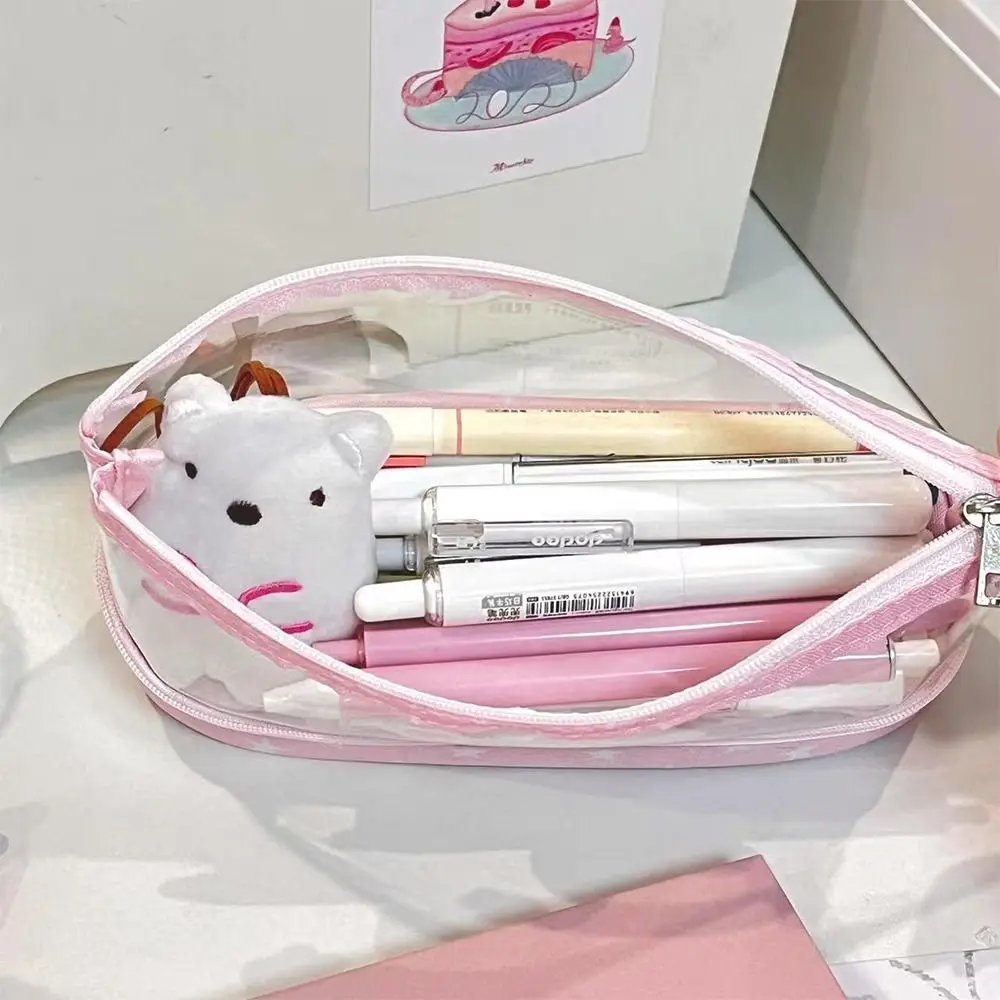 핑크 스타 토끼 패턴 펜 가방 더블 레이어 수직 기본 연필 케이스 투명 대용량 편지지 보관 가방