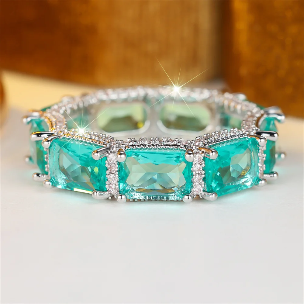 Green Crystal Zircon Rectangle Stone Rings For Women Vintage Silver Color Engagement Ring Wedding Jewelry Bridal Versatile Gifts