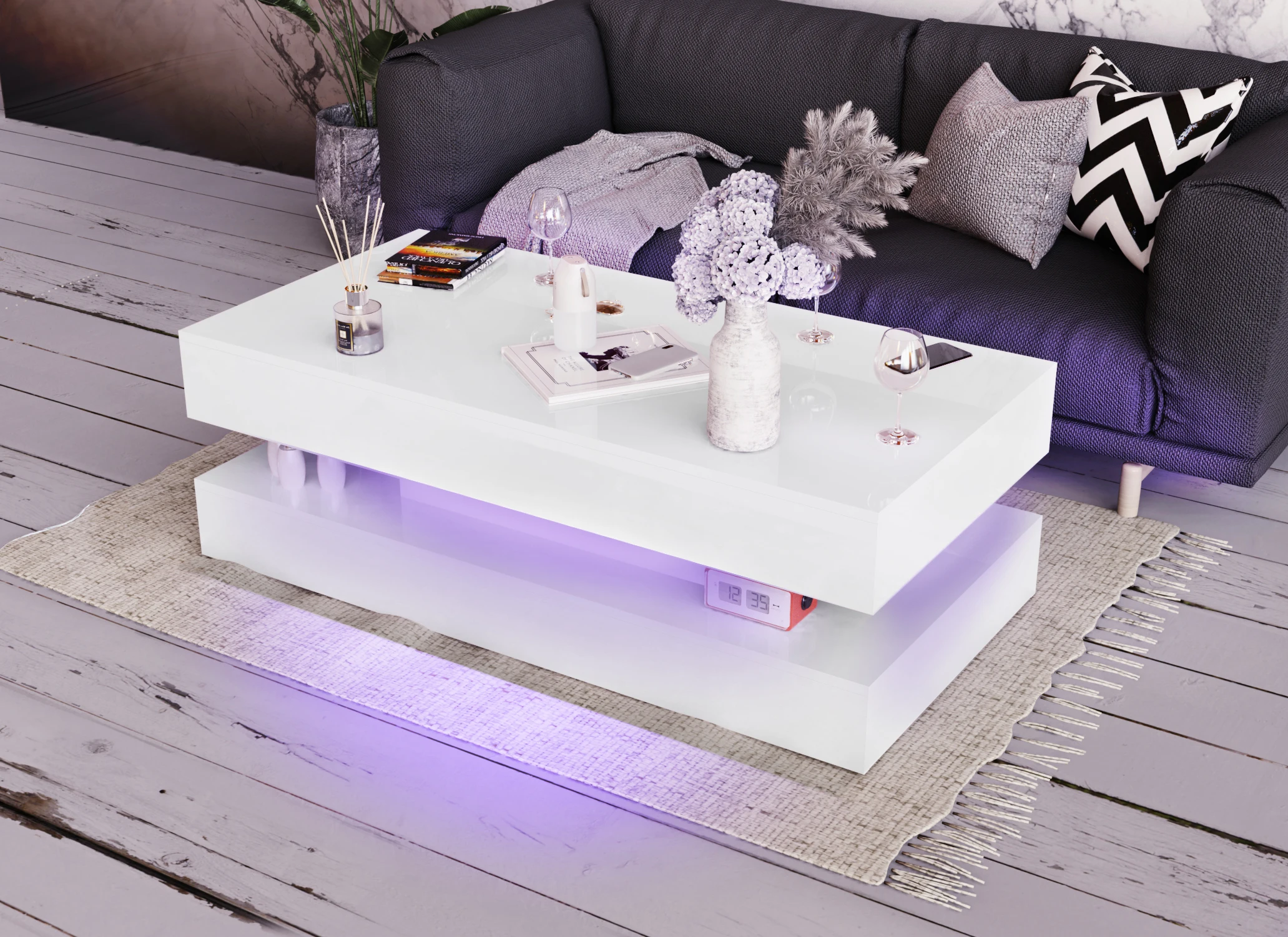 47.3IN High Glossy LED Coffee Table,Modern Center Table with 2 Storage Drawers for Living Room 4