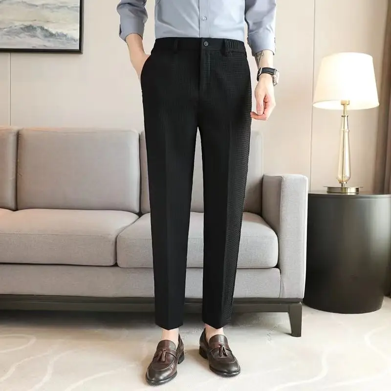 스마트 캐주얼 남성 단색 세트 바지, 용수철 여름 얇은 스트리트웨어 패션, 와플 비즈니스, 커피 카키 스트레이트 바지, 신제품