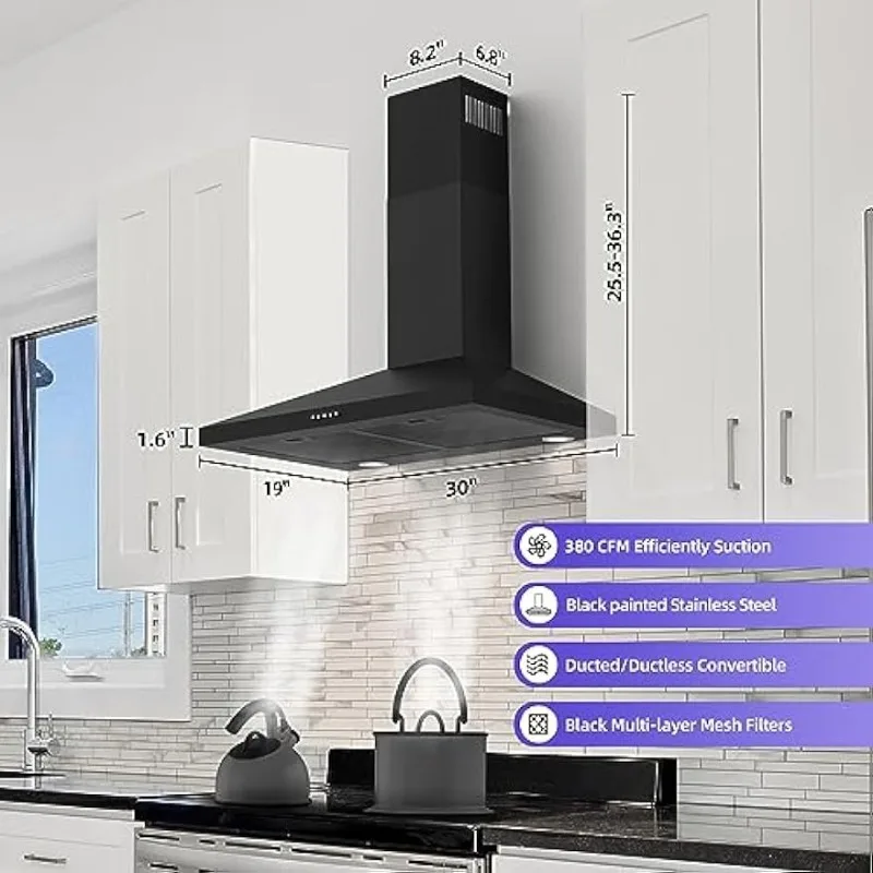 DUTRIEUX Ductless Range Hood 30 inch with Anti-fingerprint Design, Black  Kitchen Vent Hoods 3 Speed Exhaust Fan, - AliExpress