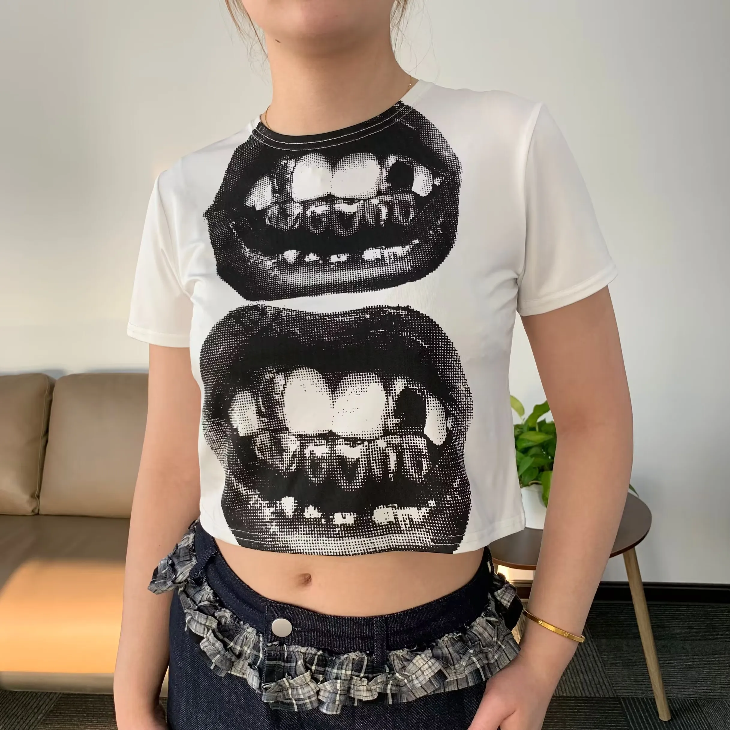 Punk y2k Baby Kurzarm Top Gothic Street T-Shirt Frauen Freizeit Basic T-Shirt Frauen Sommer Top E Mädchen Gothic Emo – Detail 15