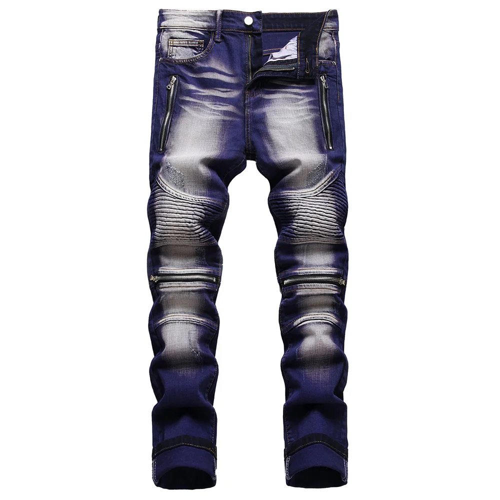 

Men Stretch Denim Biker Jeans Streetwear Zippers Pleated Patch Patchwork Pants Slim Skinny Tapered Trousers