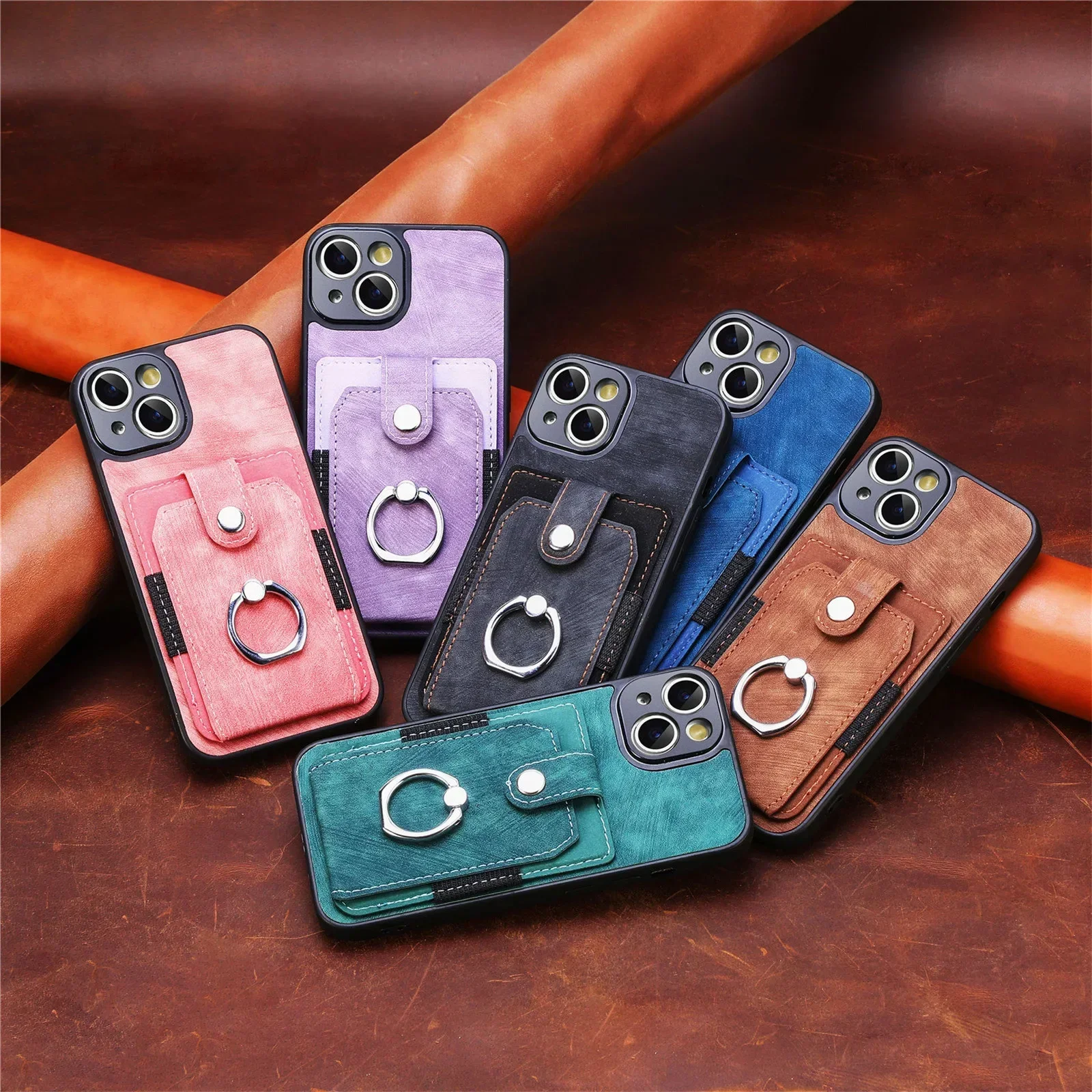 Magnetic Finger Ring Holder Phone Case with Wallet Card Slot and PU Leather Cover