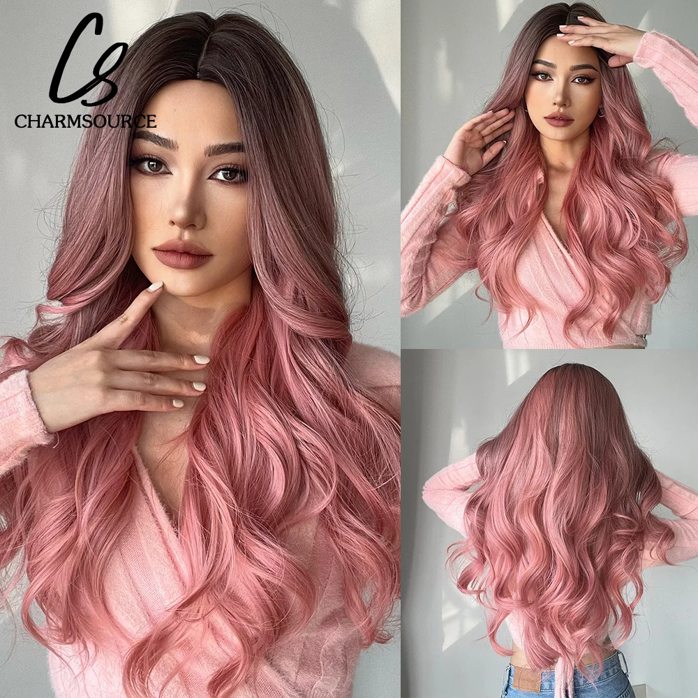 Ombre Brown to Pink Synthetic Wigs Natural Wave Middle Split Hair for Women Cosplay Party Halloween High Temperature Fibre