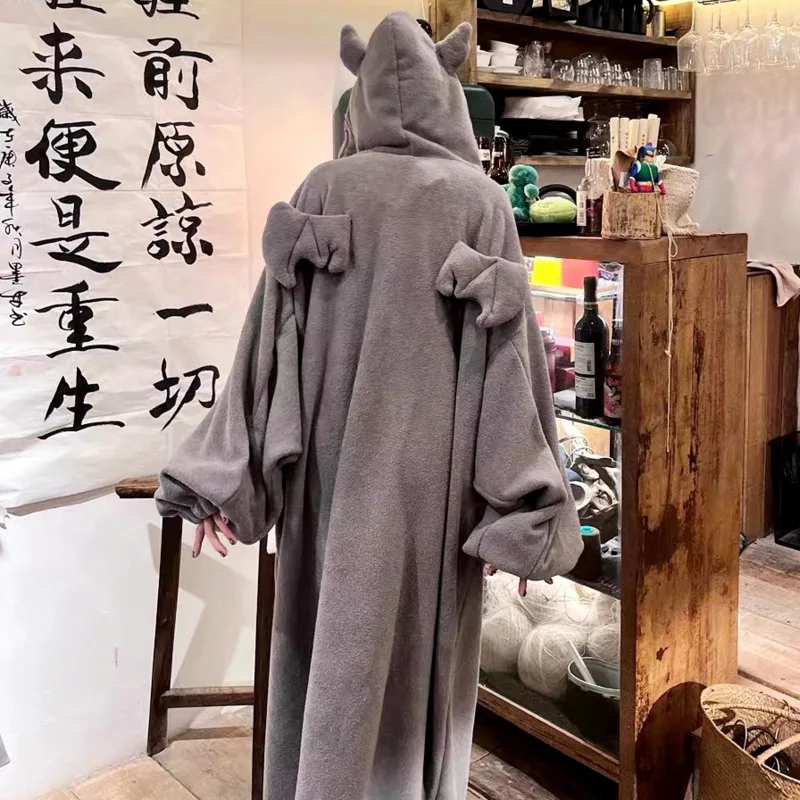 Cute Devil Wing Hooded Plush Pajamas Women Winter Thickened New In Home Sleepwear Long Robe Kawaii Oversize Pijamas Nightgown