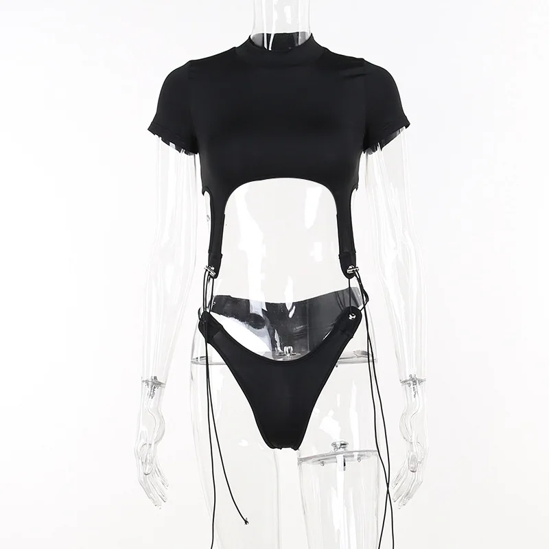 Body de manga corta con cuello alto para mujer, estilo Y2K, de una pieza con aberturas, con cordones, lencería sexy.