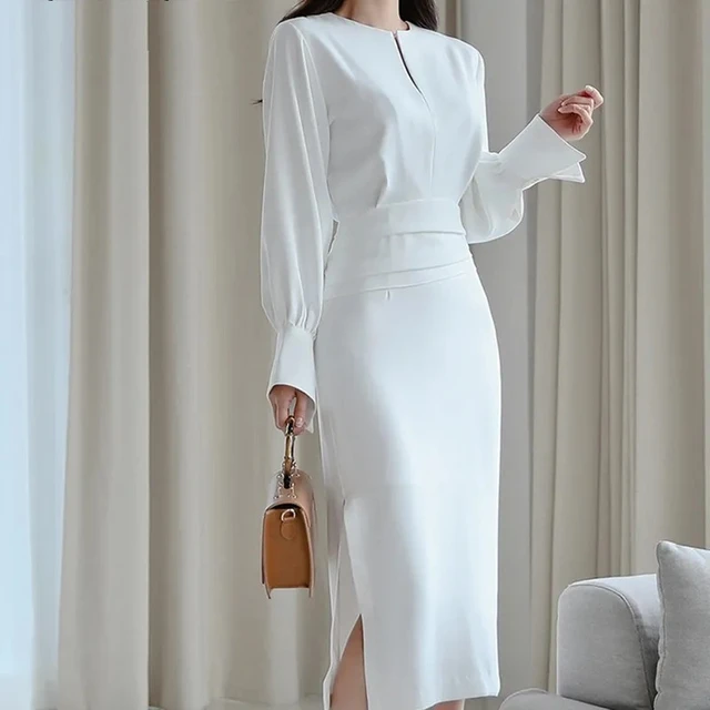 Pencil White Dresses Women | White Pencil Long Sleev Dress | Midi White  Dresses Women - Dresses - Aliexpress