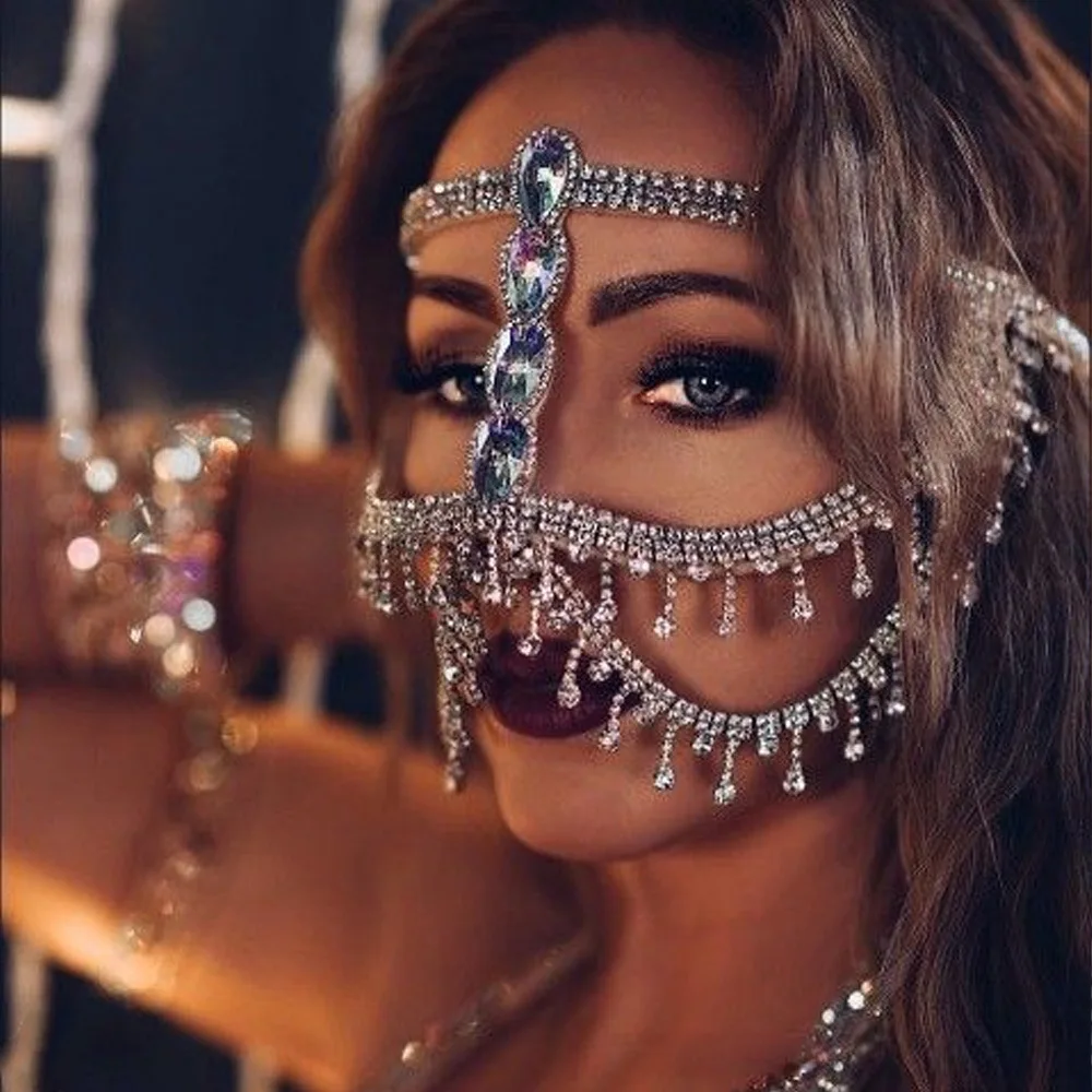 Bohomia Fashion Tassel Veil Masks Women Rhinestone Metal Chain Face Mask Masquerade Dance Party Face Curtain Charming Jewelry face mask disposable face mask cotton face mask womens face scarf