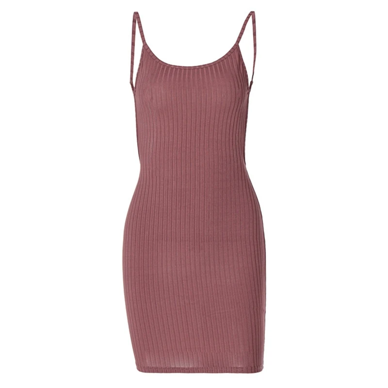 

Women Summer Spaghetti Strap Ribbed Knitted Bodycon Mini Cami Dress Sexy Open Back Package Hip Cocktail Party Clubwear