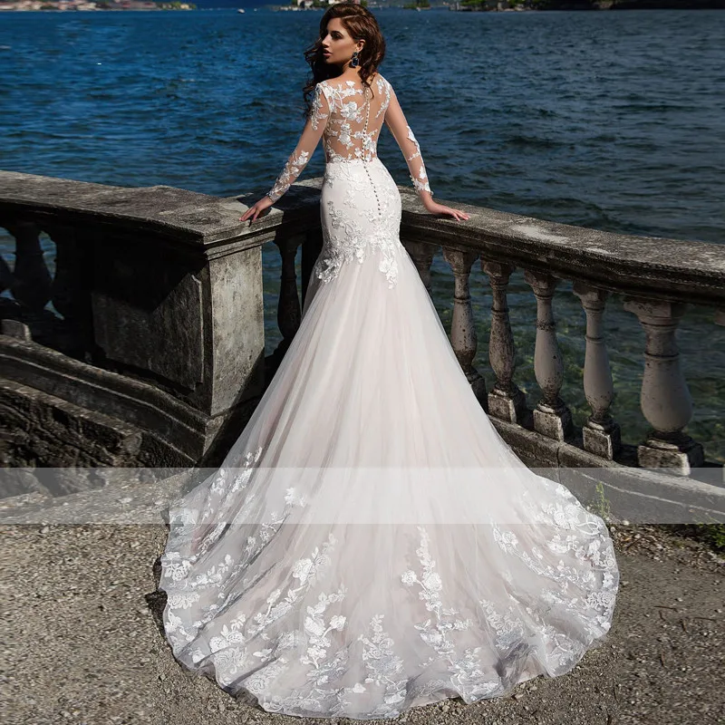 Charming Lace Wedding Dresses Appliques Full Sleeves Floor-Length Robe Mermaid Bridal Dress Sexy Tulle 2024 Vestidos De Novia