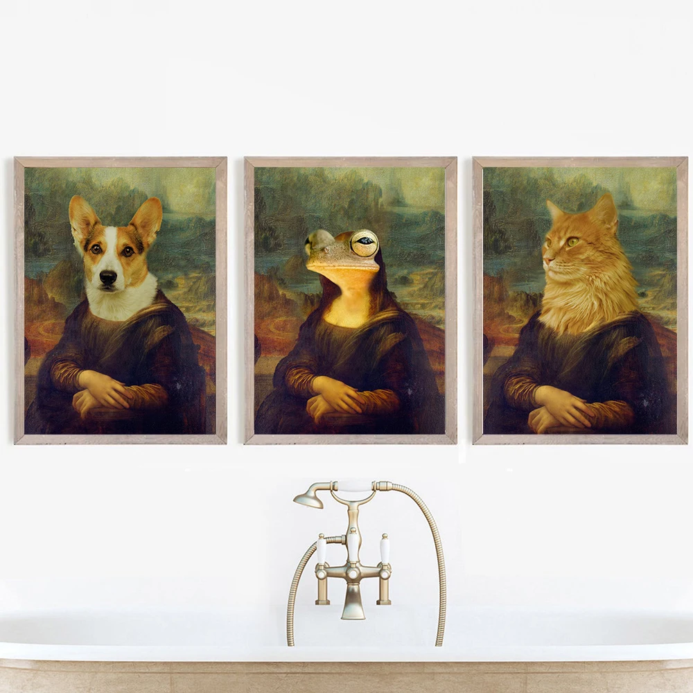 

Funny Mona Lisa Corgi Dog Frog Cat Parody Poster Wall Art Canvas Painting Classsic Character Interesting Pictures Home Decor