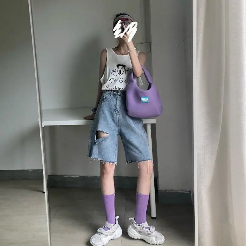 Summer Shorts Women's Bermuda Wide Long Push Up Blue Denim Jean Shorts Y2K Ribbed Bicycles Women High Waist Short Half Pants