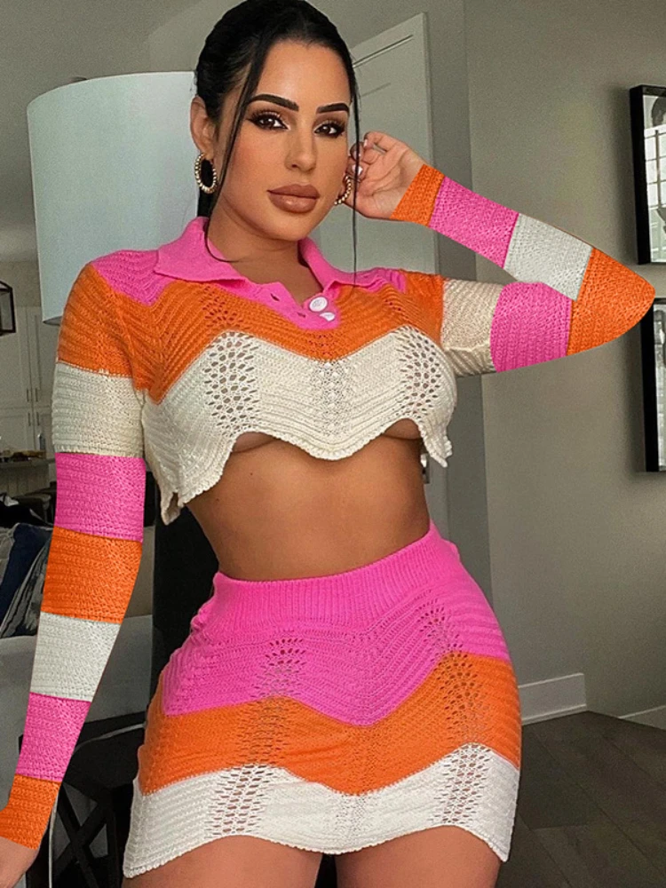 

2023 Summer New Knitwear Fashion Polo Neck Irregular Edge Open Button Long Sleeve Short Skirt Set