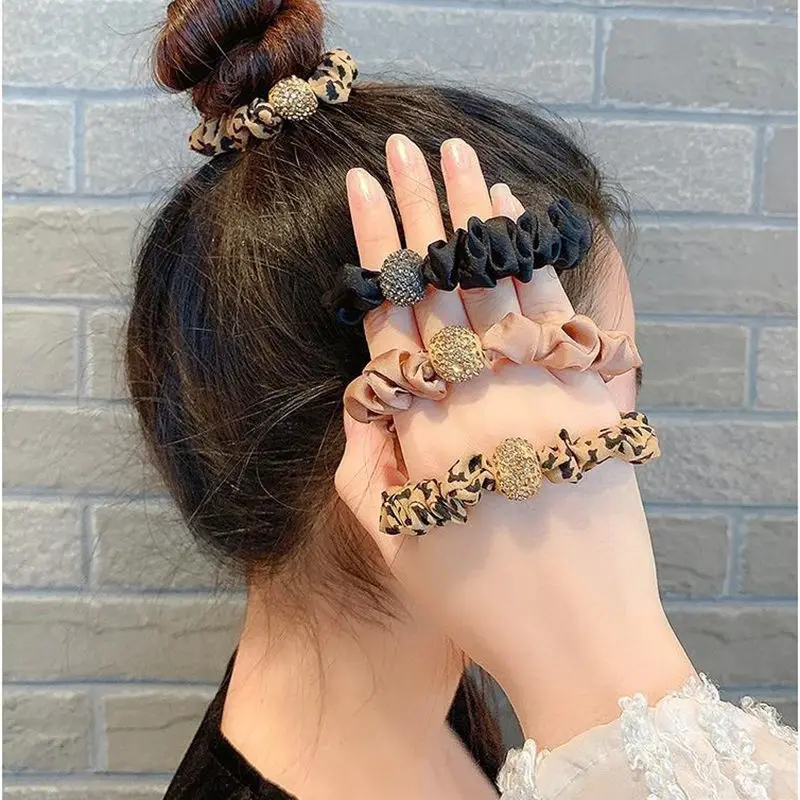 The New Large Colon Circle Temperament Leopard Print Head Rope Round Ball Rhinestone High Stretch Hair Rope Hair Accessories