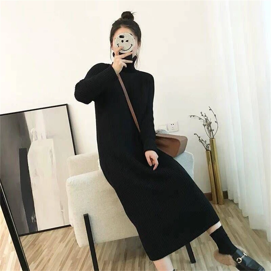 Turtleneck Loose Knitted Sweater Dress Korean Knitwear Long Dresses Thick Elegant Casual Vestidos Women Fall Winter New Robe