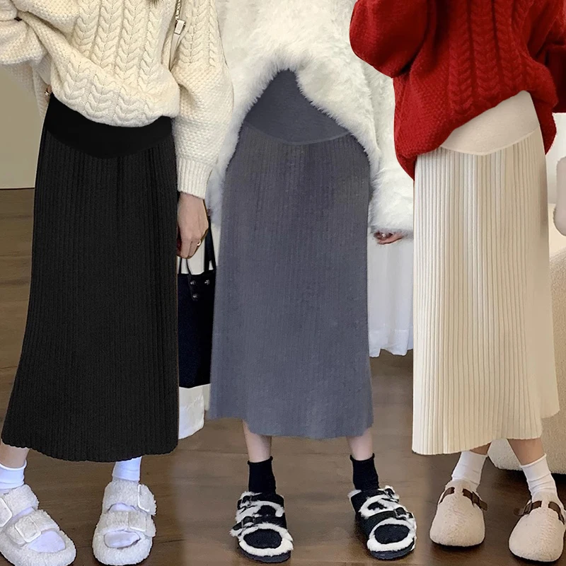 Autumn and Winter New Pregnant Women's Skirts Solid Color Casual Knitted One Step Skirt Adjustable Waist Maternity Empired Skirt