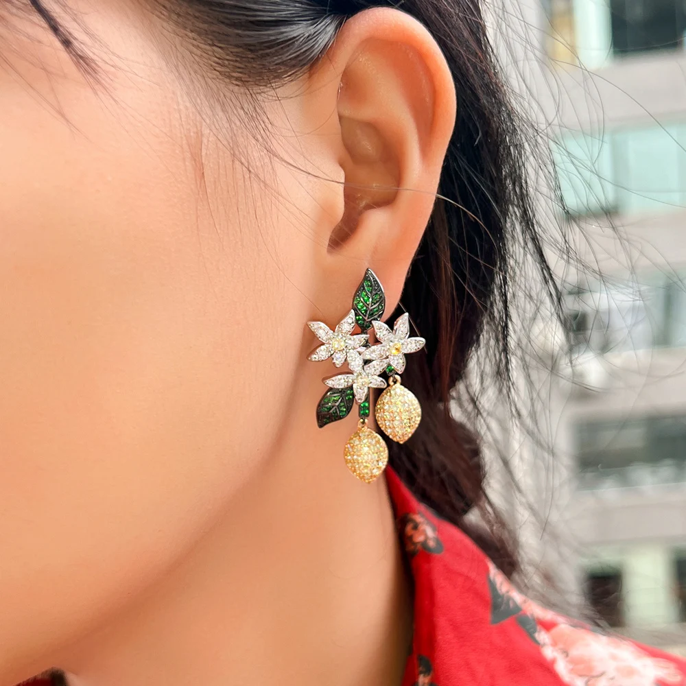 BeaQueen Luxury Designer Yellow Green Cubic Zircon Leaf Flower Hanging Drop Earrings 3 Tones Black Gold Color Boho Jewelry E377
