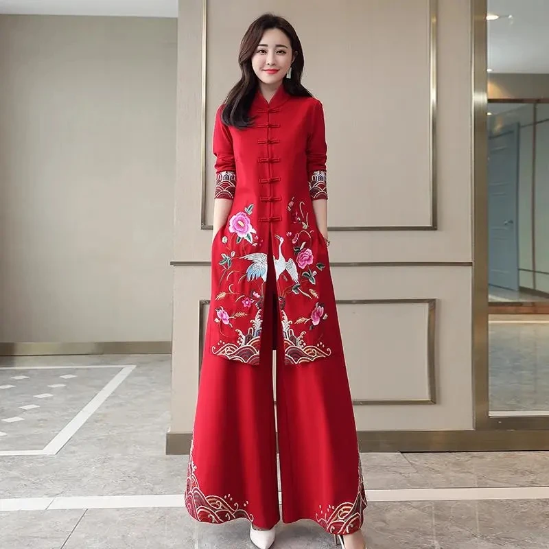 Chinese Style Two Piece Set Women Long Tops Pants Suits