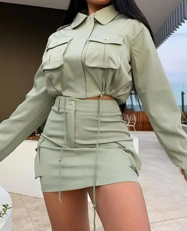 

2 Piece Set Women Outfit 2023 Summer Fashion Solid Drawstring Flap Detail Turn-Down Collar Long Sleeve Crop Top & Mini Skirt Set