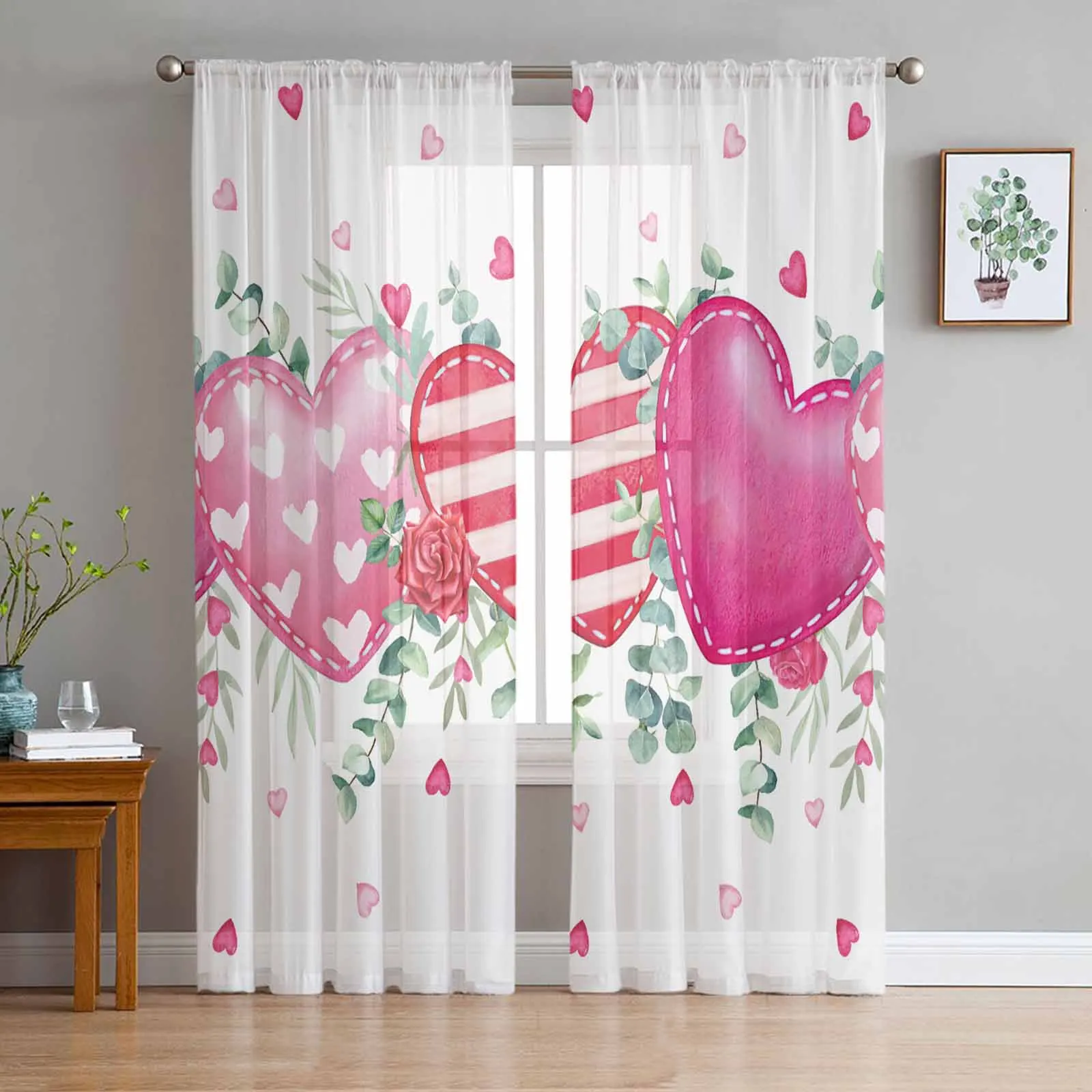 

Valentine'S Day Pink Love Eucalyptus Leaves Rose Sheer Curtains for Living Room Home Decor Tulle Curtain Bedroom Voile Drapes