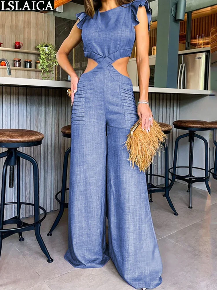 

Elegant Jumpsuit Woman Ruffles Sleeve Solid Color Two Side Cut Out Bodysuit Fashion Chic Loose Body Suit Wide Leg Long Pants New