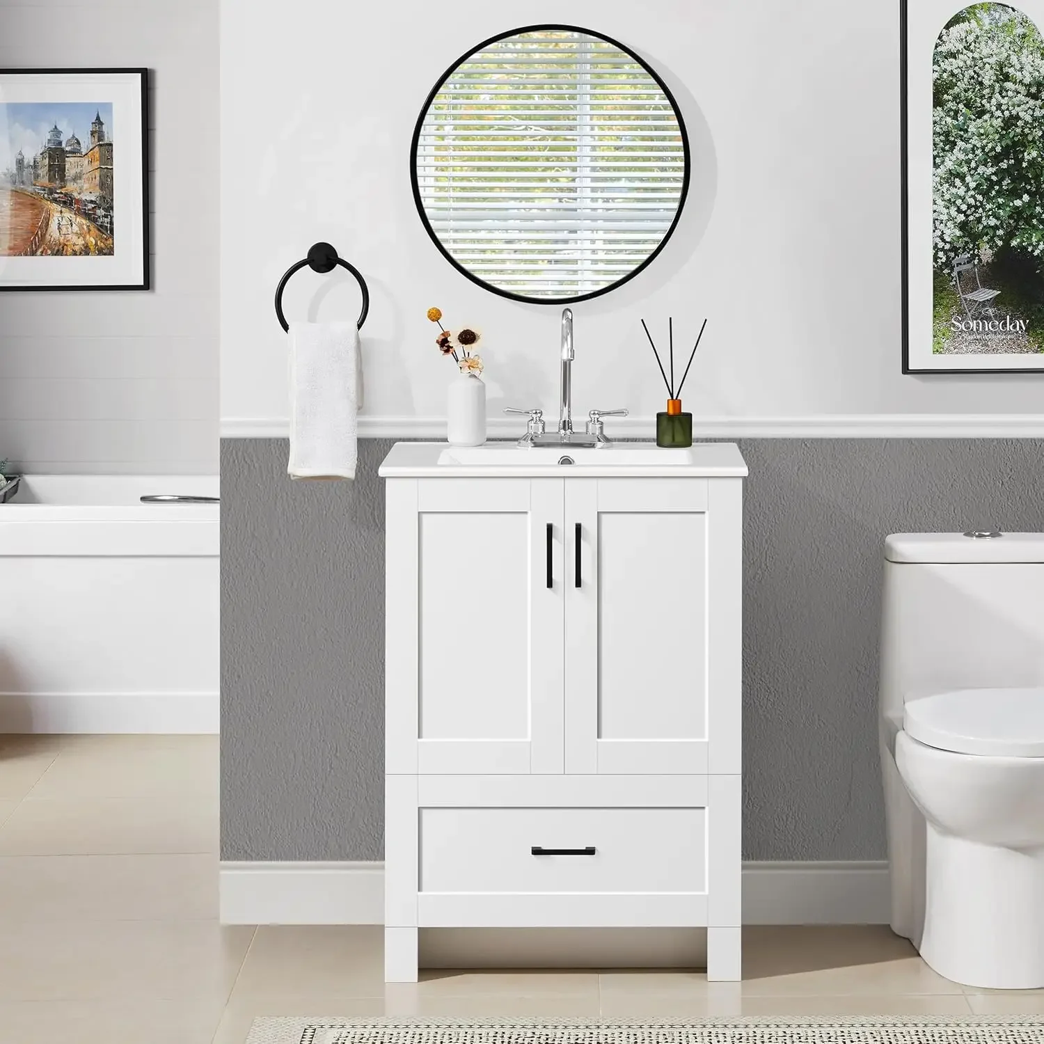 24.5" Modern Bathroom Vanity with Ceramic Basin,Undermount Bathroom Vanity Sink Cabinet with 2 Doors and 1 Drawer, Free Standing 4