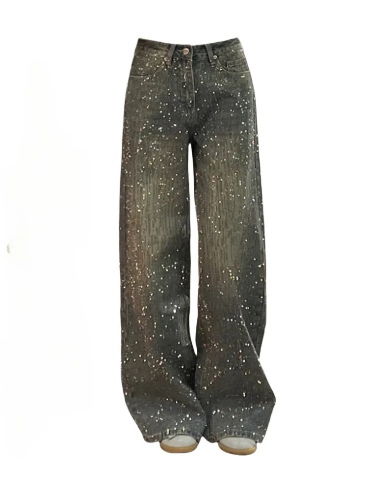 Glänzen Strass-Baggy-Jeans mit weitem Bein für Damen, voller Diamanten, weites Bein, ziehen nim-Hose, Vintage-gewaschene Hose, Freizeithose  200000345