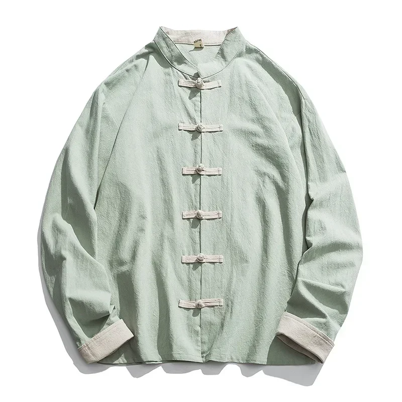 Men Chinoiserie Stand-up Collar Frog Cardigan Retro Long-sleeved Shirt Mens Linen shirts Japanese Kimono Men's Hanfu Tops