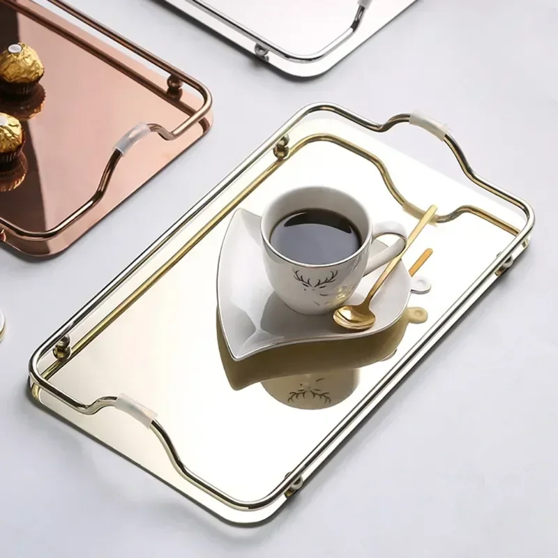 

Food Tray Steel Trays Serving Elegant Storage Coffee Mirror Rectangular Nordic Style Bar Handles Teapot Stainless Hold With Cup