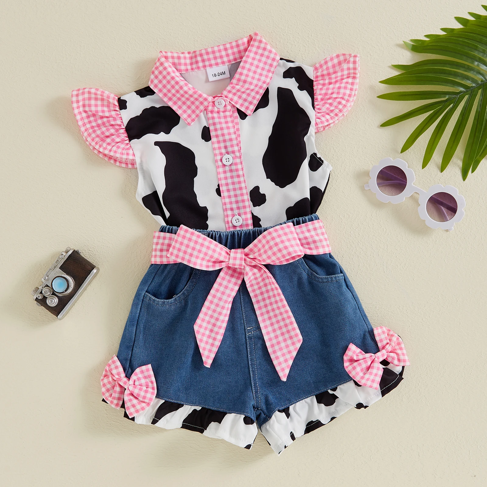 Focus norm 1-6y Mode kleine Mädchen Sommerkleid ung setzt 2 stücke Rüschen Fliegen ärmel Kuh druck Knopf Hemd Jeans shorts