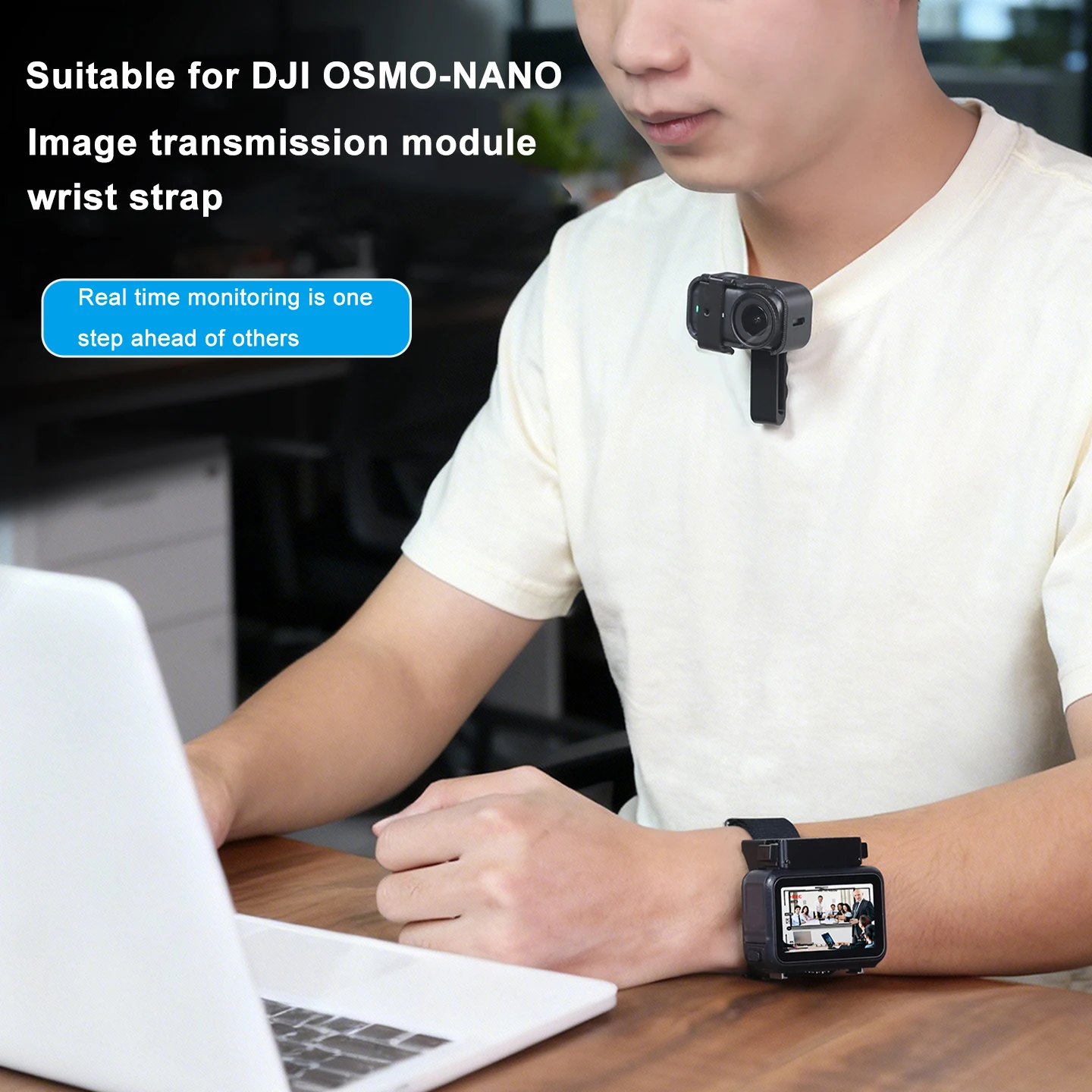 Bracelet ajustable en nylon avec support pour DJI Osmo Action Nano, détail du système de fixation.