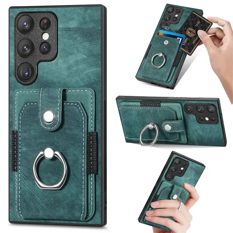 Leather Phone Case with Magnetic Car Holder and Wallet Card Back Cover