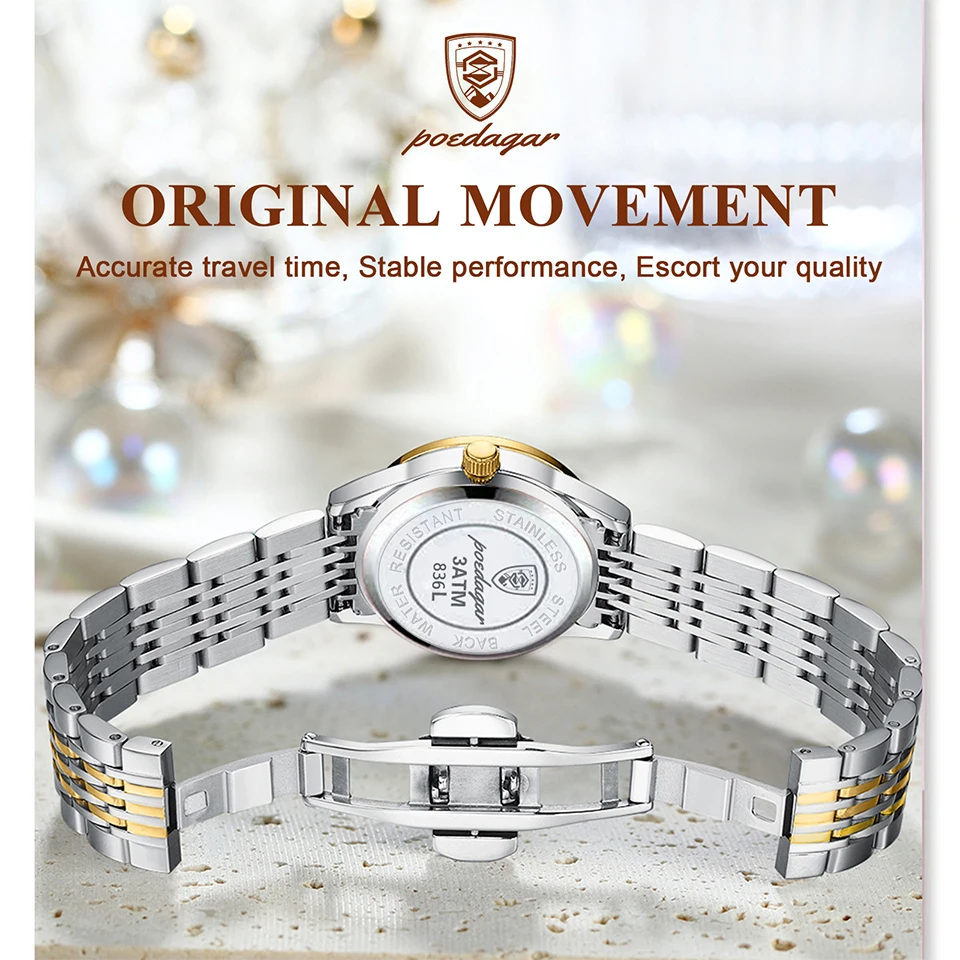 POEDAGAR Fashion Women Watch Top Brand Rose Gold Stain Steel Waterproof Date Quartz Ladies Watch Luxury High Quality Clock Gifts