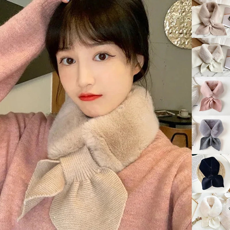 

Plush Cross Bib Autumn Winter Windproof Warm Stitching Knitted Bowknot Imitation Rabbit Fur Sweet Cute Scarf Women Girls