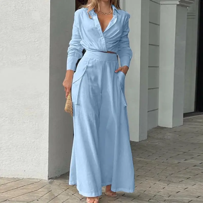 Casual Two Piece Set Women 2023 Autumn New V-neck Solid Color Long Sleeved Shirts Loose Wide Legs Trousers Sets Commuting MsChuh