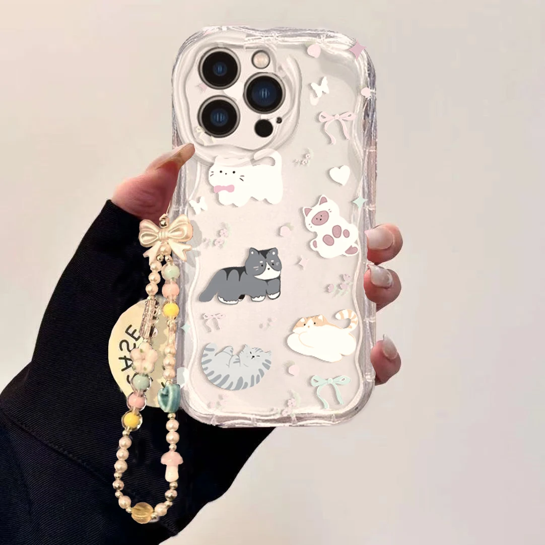 Charming Cat Bow Wrist Chain Clear Soft Phone Case