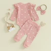 2023-09-12 Lioraitiin Infant Baby Girl Clothes Set Waffle Knit Heart Long Sleeve Romper Pants Headband Suit Outfits Fall Clothes 5