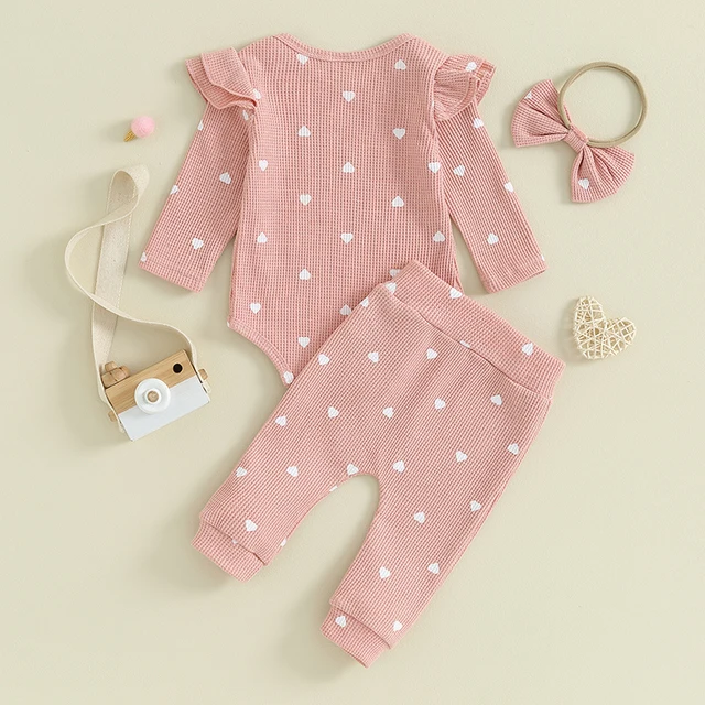 2023-09-12 Lioraitiin Infant Baby Girl Clothes Set Waffle Knit Heart Long Sleeve Romper Pants Headband Suit Outfits Fall Clothes 5