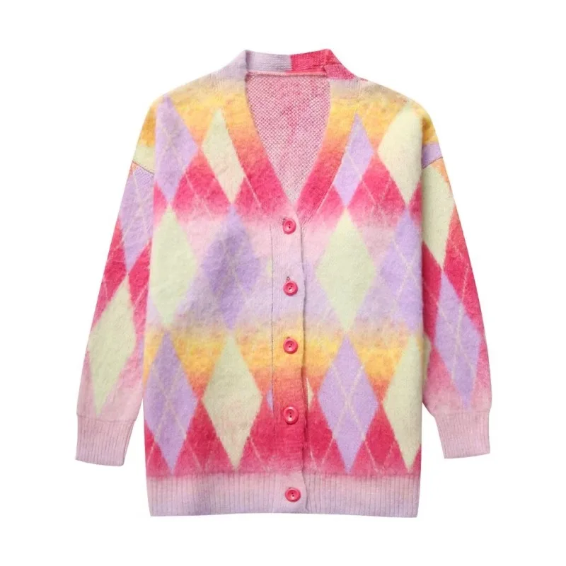 

New Women Diamond Knit Jacket Fashionable V-neck Long Sleeved Loose Casual Warm Sweater Trendy Street Style