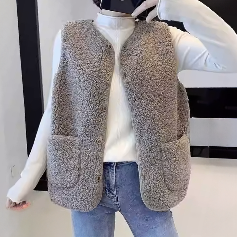 Fleece Waistcoat for women Sleeveless Button-Up Pocket Front Vest Jacket Fall Winter Bodywarmer Teen-girl Casual Outfit